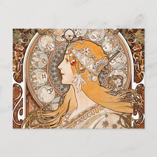 Cartão Postal Plume Zodiac Woman de Alphonse Mucha – Art Nouveau (Frente)