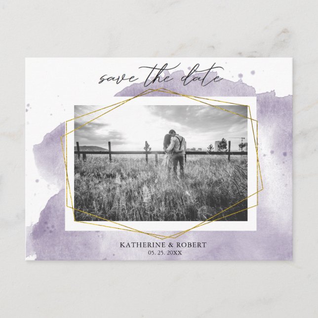 Cartão Postal Pó de Ouro e Roxo | Foto Salvar a Data (Frente)