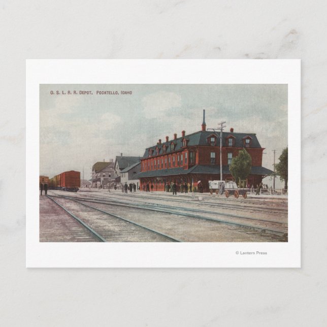 Cartão Postal Pocatello, ID - Comboios e Pessoas em volta do tre (Frente)