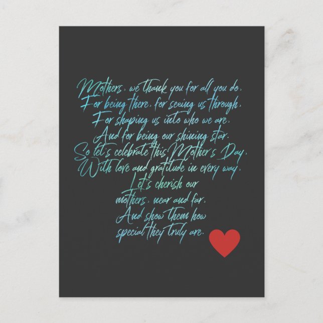 Cartão Postal poema e flores do dia de as mães (Frente)