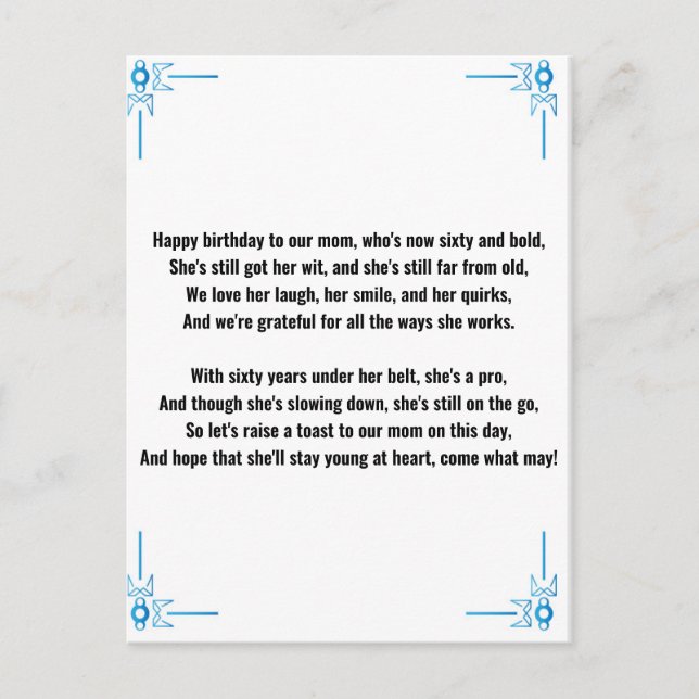 Cartão Postal Poema Engraçado para a 60ª Mulher (Frente)