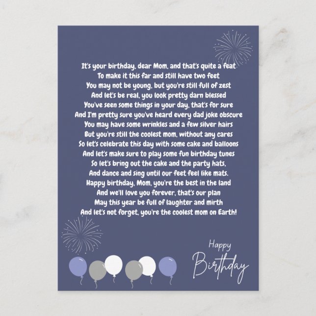Cartão Postal Poema Muito Engraçado para o Aniversário Mãe (Frente)