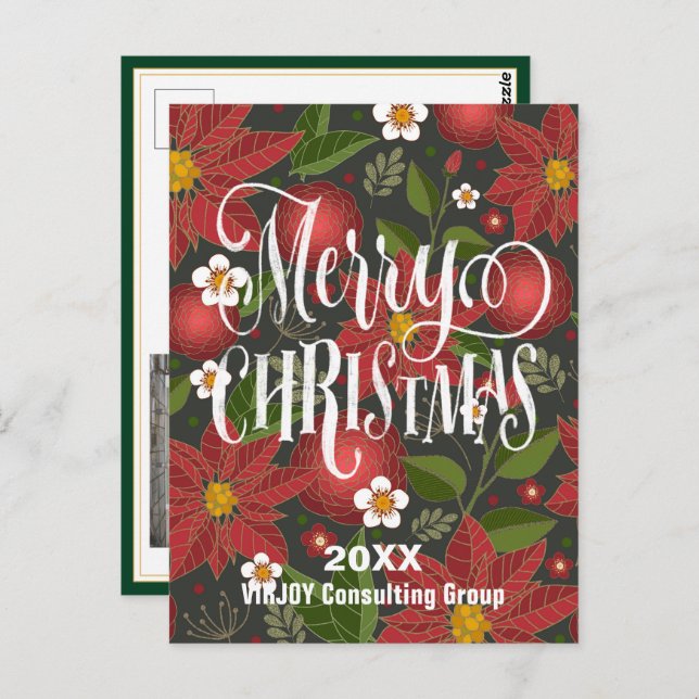 Cartão Postal Poinsettia Floral Elegant Script Photo Business (Frente/Verso)