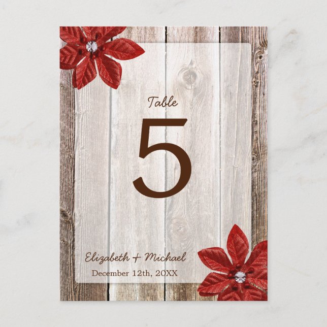 Cartão Postal Poinsettia Rustic Barn Wood Table Number (Frente)