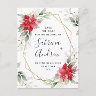 Cartão Postal Poinsettia Winter Greenery Casamento Salvar Data