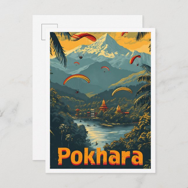 Cartão Postal Pokhara Nepal Vintage Art Viagem (Frente/Verso)