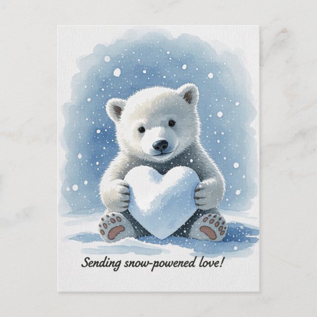 Cartão Postal Polar bear in the snow with heart shaped snowball (Frente)