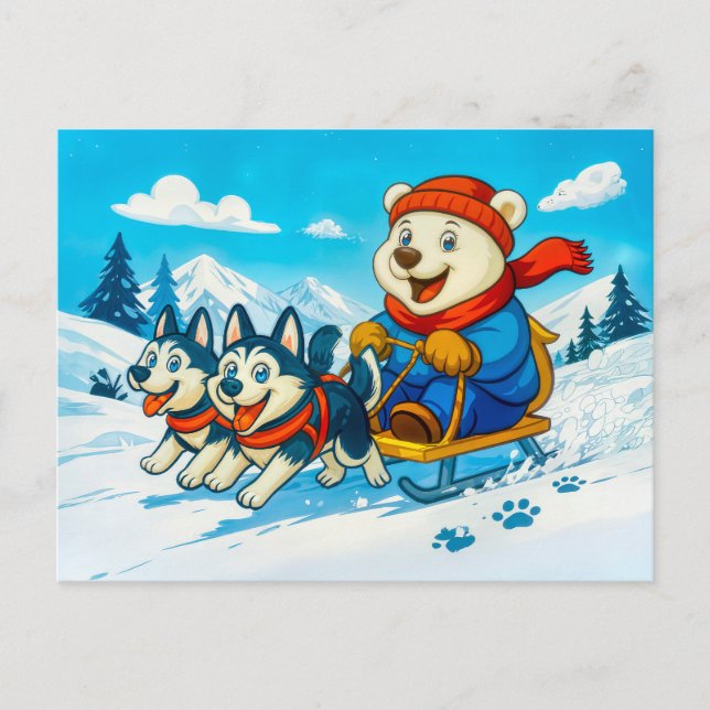 Cartão Postal Polar Bear Racing a Husky Dog Sled Team (Frente)