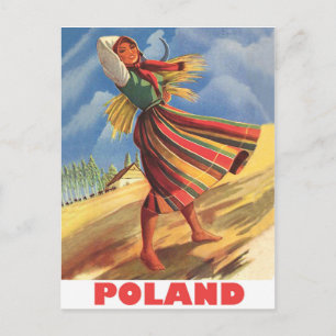 Cartão Postal Polônia, mulher da aldeia no campo