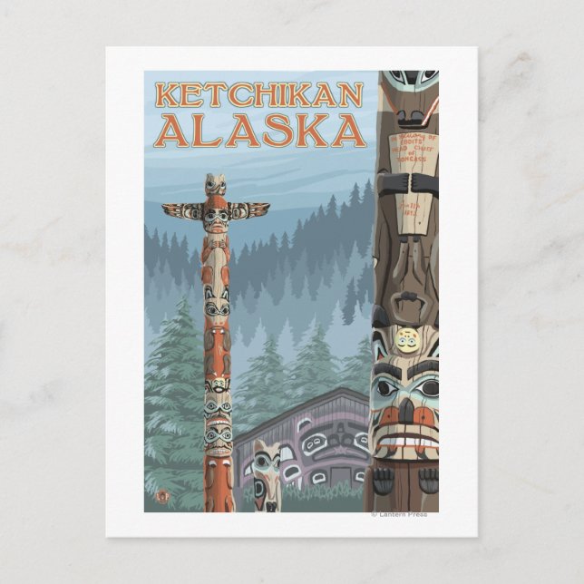 Cartão Postal Polos de Totem do Alasca - Ketchikan, Alasca (Frente)