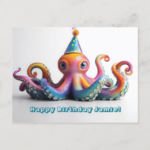 Cartão Postal Polvo de Festa - Design Fofo de Aniversário 