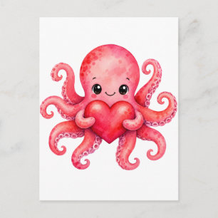 Cartão Postal Polvo Kawaii Fofo Segurando Coração