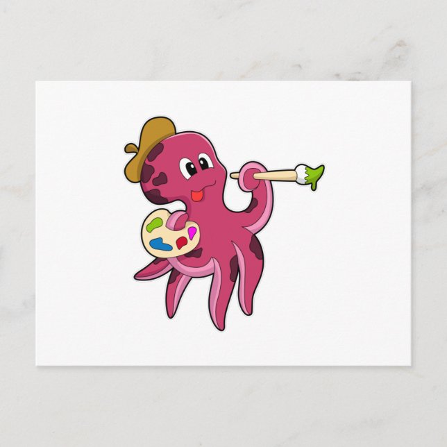 Cartão Postal Polvo pintando com pincel e cor (Frente)