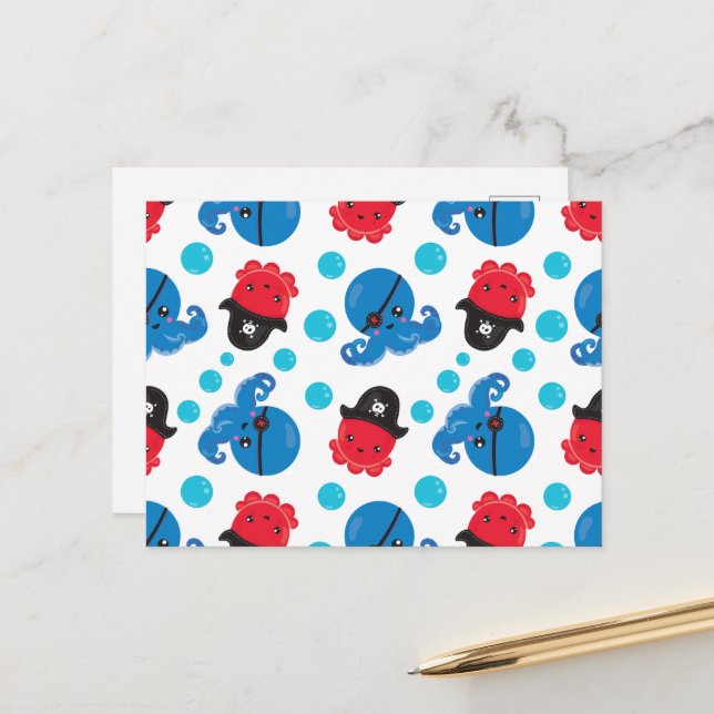 Cartão Postal Polvo Pirata, Padrão de Polvo, Animais Marinhos (Frente/Verso In Situ)