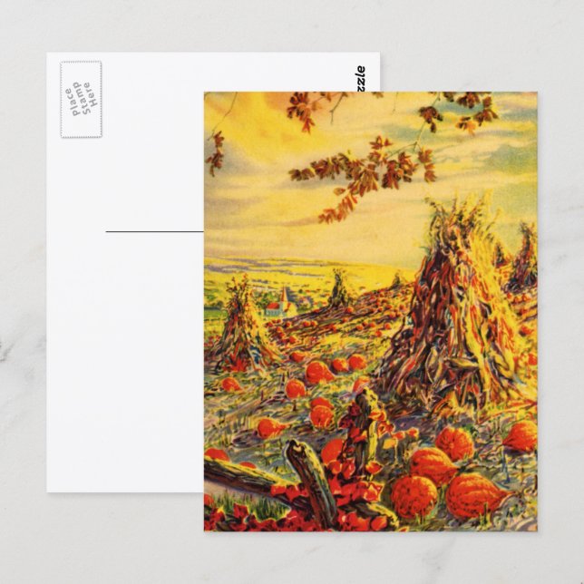 Cartão Postal Pomar vintage de Halloween com medas de feno (Frente/Verso)