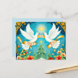 Cartão Postal Pombas de Natal, Árvore de Natal, Amor, Paz, Alegr