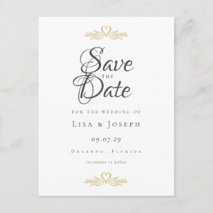 Cartão Postal Pombas Douradas e Coração Save the Date em Letra E