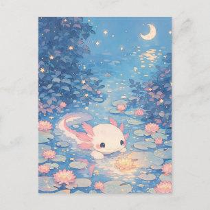 Cartão Postal Pond de Axolote Kawaii Pastel Iluminado pela Lua