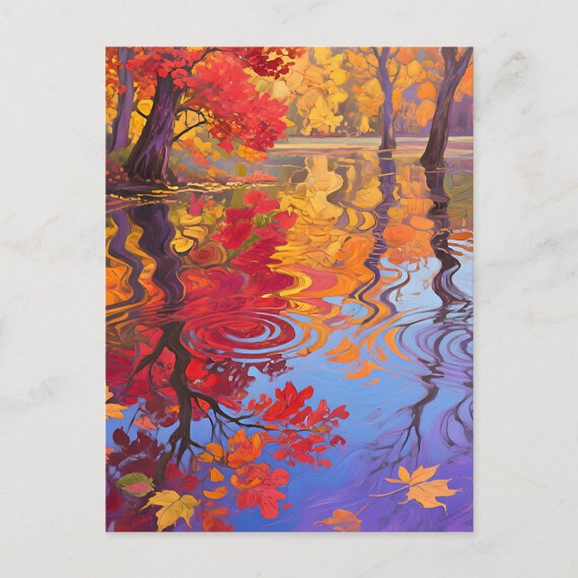 Cartão Postal Pond de Reflexão de Outono Impressionista (Frente)