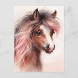 Cartão Postal Pônei Com Crina Rosa Aquarela