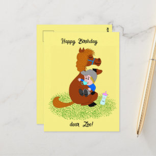 Cartão Postal Pônei engraçado e fofo com bebê - aniversário de c