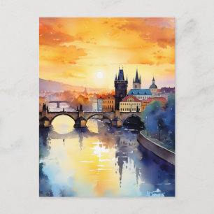 Cartão Postal Ponte Carlos de Praga Pôr do Sol Aquarela Viagem