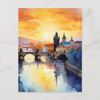 Cartão Postal Ponte Carlos de Praga Pôr do Sol Aquarela Viagem