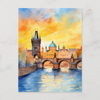 Cartão Postal Ponte Carlos Praga Pôr do Sol Aquarela