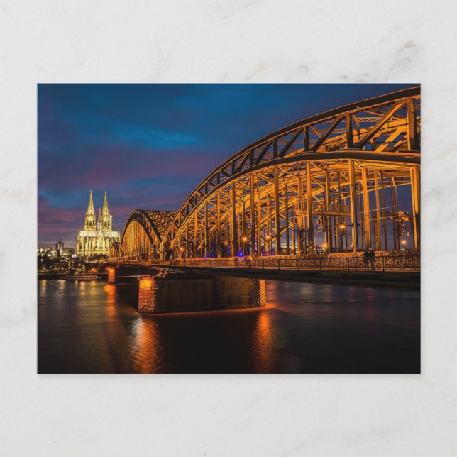 Cartão Postal Ponte de Colônia Alemanha Hohenzollern à noite (Frente)