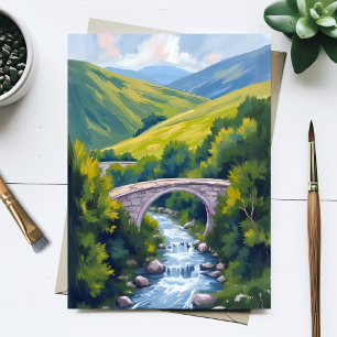 Cartão Postal Ponte do Rio da Montanha Paisagem Aquarela Verde