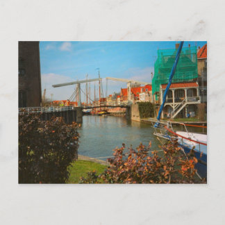 Cartão Postal Ponte holandesa, casas e cais, Enkhuizen