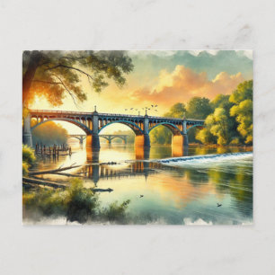 Cartão Postal Ponte Lovely Quente Verde James Rio Aquarela