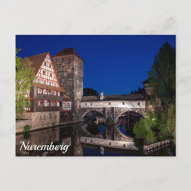 Cartão Postal Ponte medieval antiga à noite em Nuremberg, Aleman (Frente)