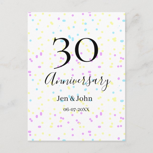 Cartão Postal Pontos azuis rosa amarelos 30º nome do aniversário (Frente)