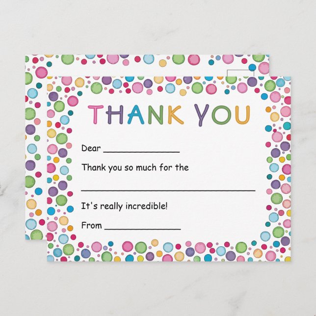 Cartão Postal Pontos Coloridos Agradecimento Infantil (Frente/Verso)