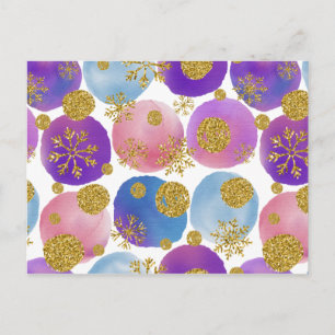 Cartão Postal Pontos de Aquarela com Brilhos Dourados e Floco de