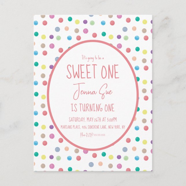 Cartão Postal Pontos de Aquarela Primeira Festa de aniversário C (Frente)