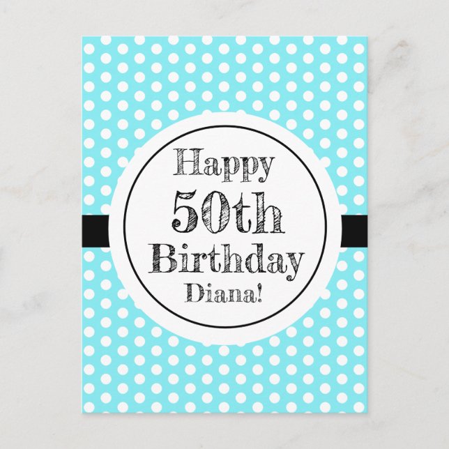 Cartão Postal Pontos Polka Brancos e Azuis de 50 Anos de Idade (Frente)