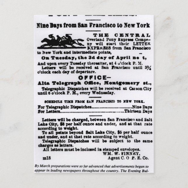 Cartão Postal Pony Express, Nove Dias (Frente)