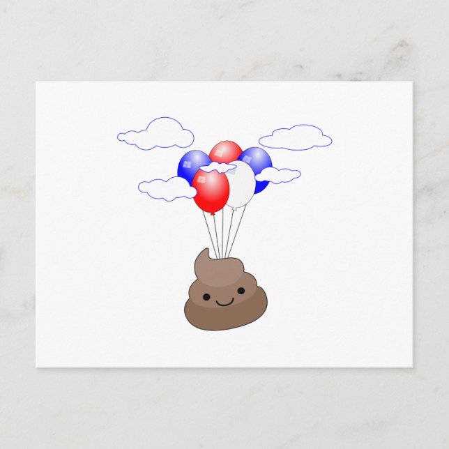 Cartão Postal Poo Emoji Voando Com Balões (Frente)