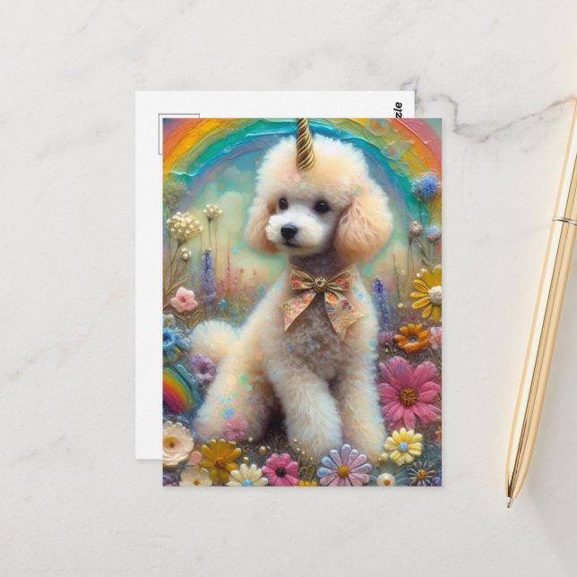 Cartão Postal Poodle Adorable Dourado Horn Unicorn (Frente/Verso In Situ)