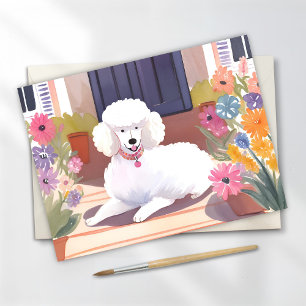 Cartão Postal Poodle Branco Flores Aquarela de Cachorro Pet