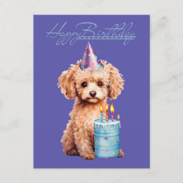 Cartão Postal Poodle Feliz de Aniversário com o Chapéu do Partid