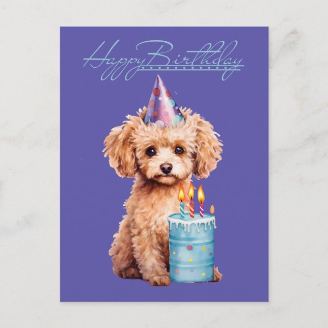 Cartão Postal Poodle Feliz de Aniversário com o Chapéu do Partid (Frente)