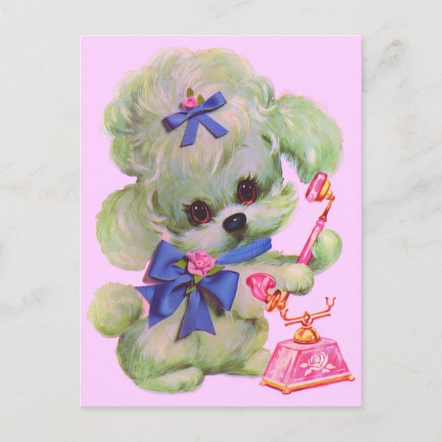 Cartão Postal poodle fofo com telefone rosa (Frente)