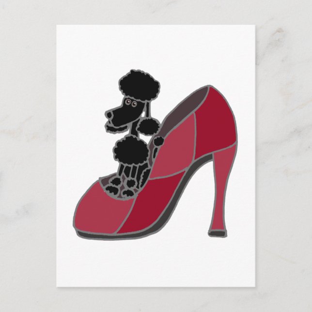 Cartão Postal Poodle Preto Sentado num Sapato Rosa de Salto Alto (Frente)