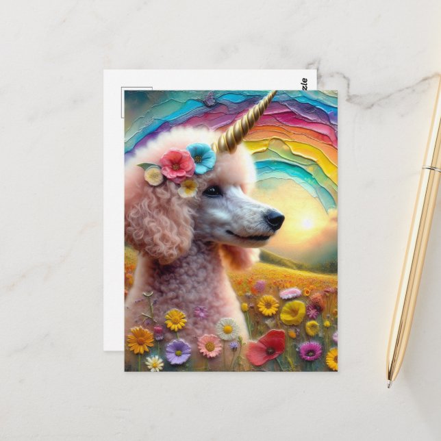 Cartão Postal Poodle Unicorn Adorável em Flores Selvagens (Frente/Verso In Situ)