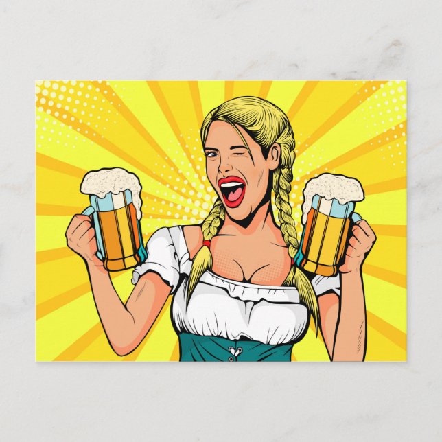 Cartão Postal Pop Art Oktoberfest Mulher com Cerveja (Frente)