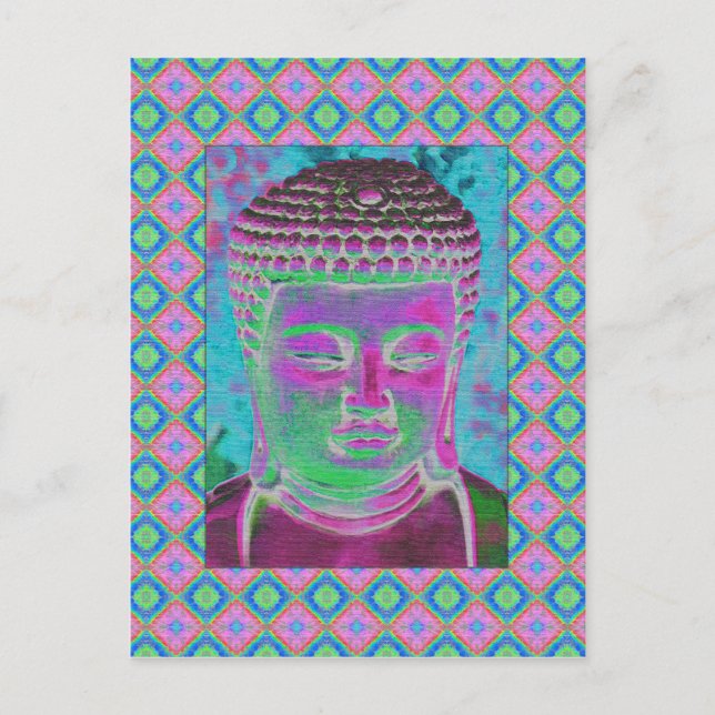 Cartão Postal Pop Buda em Magenta e Turquesa (Frente)