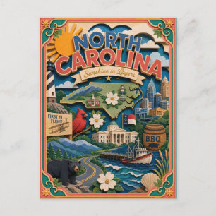 Cartão Postal PopCut Estados Carolina do Norte Arte Colorida em 